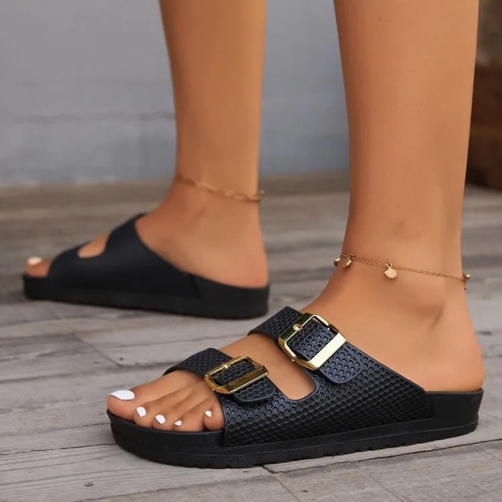 New Double Buckle Open Toe Sandals Slippers Fashionable & Casual Style Black - Picture 3 of 4